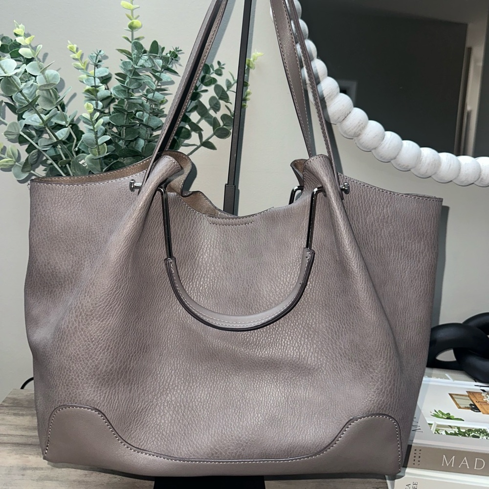 Sondra Roberts Taupe Gray Leather Tote Bag